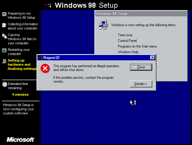 fel vid kontroll av Windows 98se