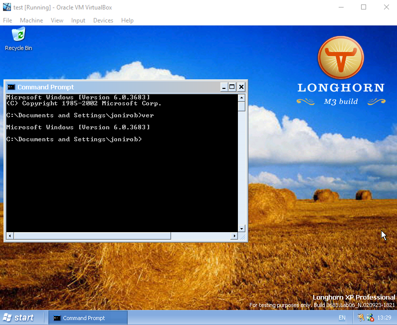 install windows longhorn on virtualbox