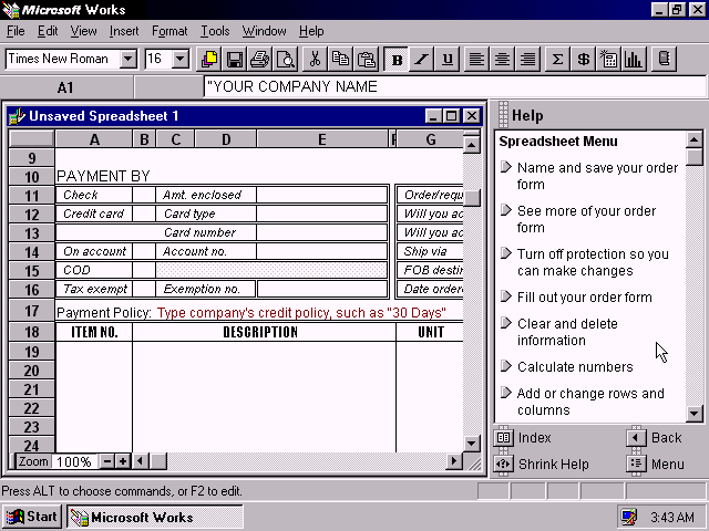 microsoft works spreadsheet format